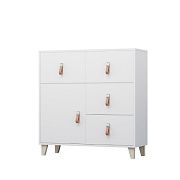 FELICITA 03 komoda 4S1D, bílá/kožené úchytky/dřevěné nohy