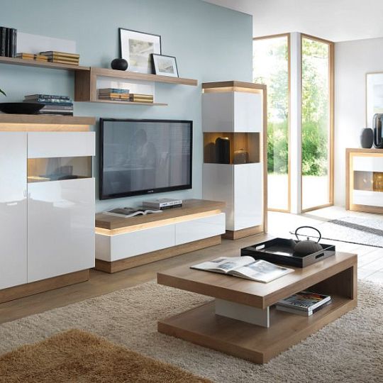 CANTUS 2S televizní stolek, dub riviéra světlý/bílá lesk