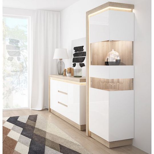 CANTUS 03P vitrína 198, dub riviéra světlý/bílá lesk