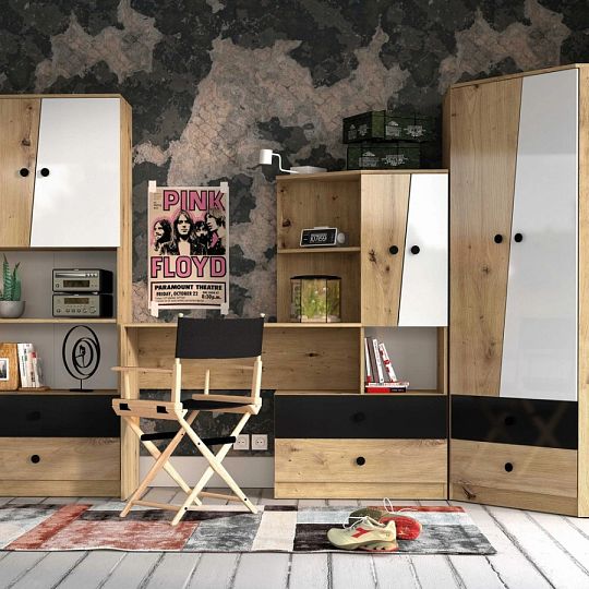 PARADISE 03 šatní skříň, dub artisan/bílá mat/šuplík černý mat