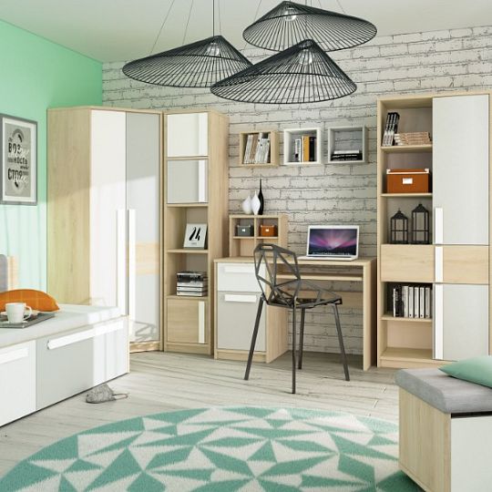 DIVO 0101 rohová šatní skříň, buk fjord/dvířka bílá/buk/šedá