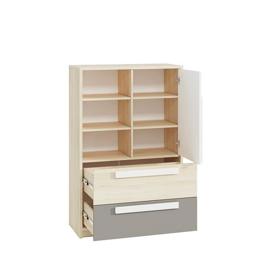 DIVO 0701 komoda, buk fjord/dvířka bílá/buk/šedá