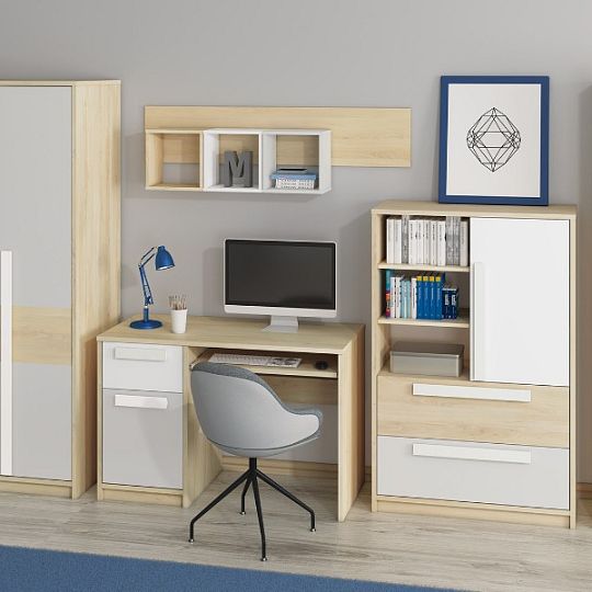 DIVO 0701 komoda, buk fjord/dvířka bílá/buk/šedá