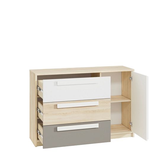 DIVO 0801 komoda, buk fjord/dvířka bílá/buk/šedá