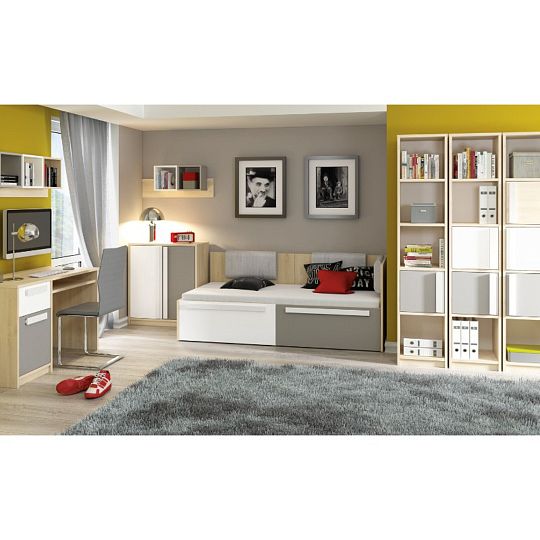 DIVO 1702 postel 90 cm, buk fjord/dvířka bílá/šedá