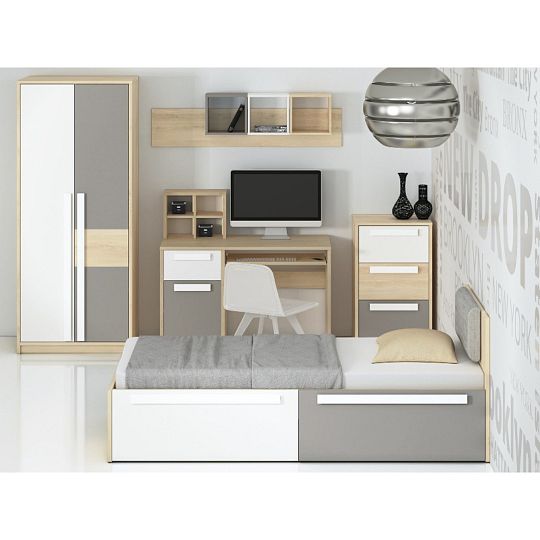 DIVO 1702 postel 90 cm, buk fjord/dvířka bílá/šedá