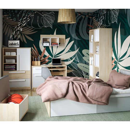 DIVO 1702 postel 90 cm, buk fjord/dvířka bílá/šedá