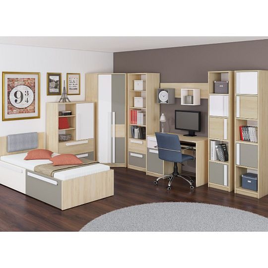 DIVO 1702 postel 90 cm, buk fjord/dvířka bílá/šedá