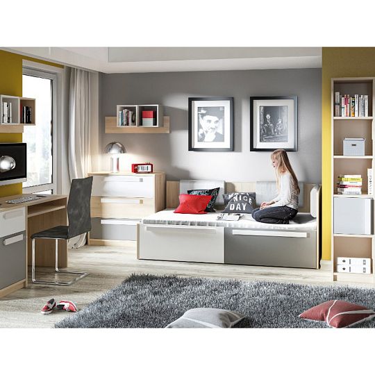 DIVO 1702 postel 90 cm, buk fjord/dvířka bílá/šedá