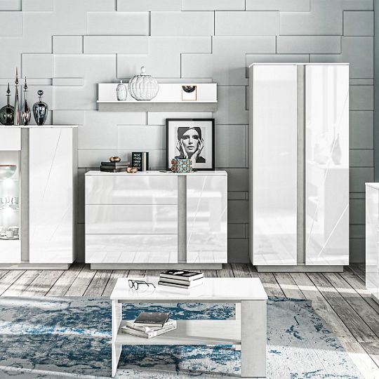 LAMIA 11 police, beton stříbrný/bílá lesk/bílá lesk MDF