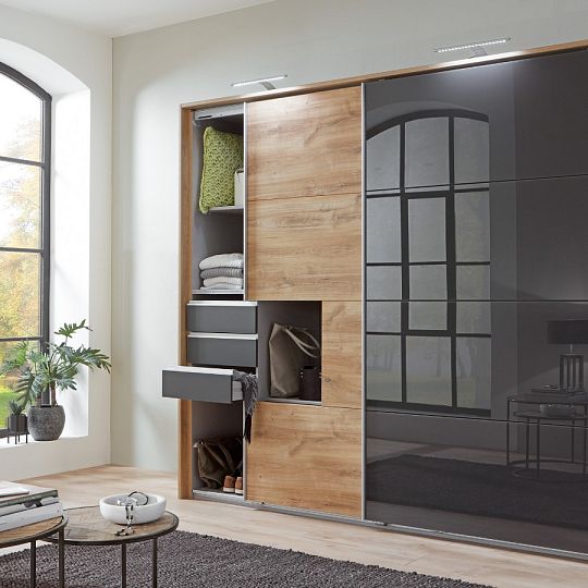 SAIGON šatní skříň 225, dub planket/šedá sklo