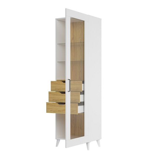 BALI 11 vysoká vitrína, pravá, bílá mat/ořech americký
