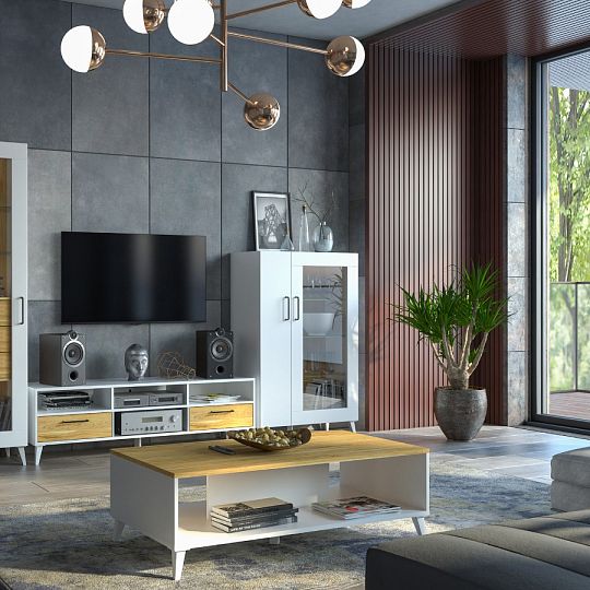 BALI 11 vysoká vitrína, pravá, bílá mat/ořech americký