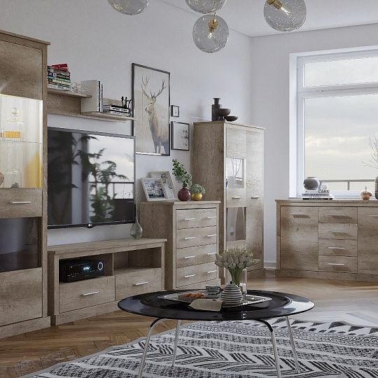 HENRIETA obývací stěna, dub korál + LED