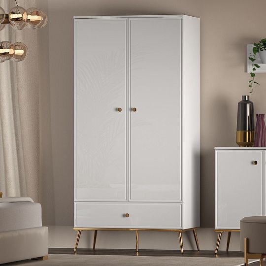 Goldie 01 Šatní skříň 2D1S, bílá mat/bílý lesk