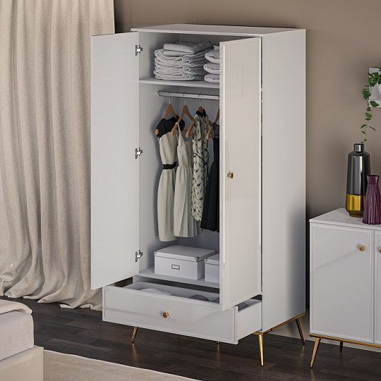 Goldie 01 Šatní skříň 2D1S, bílá mat/bílý lesk