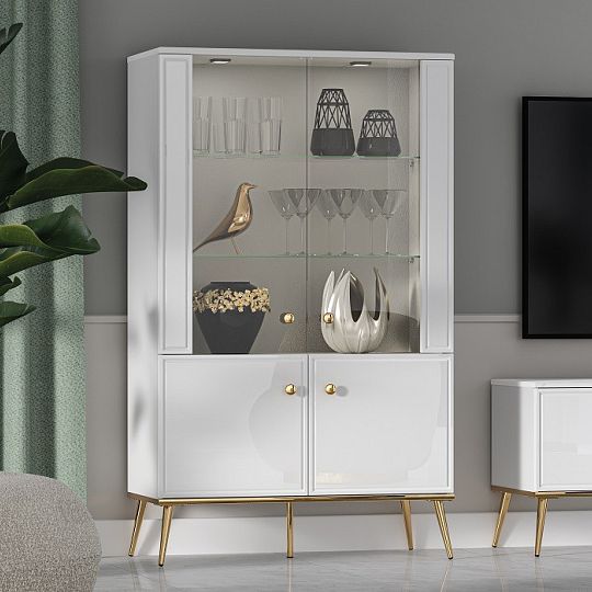 Goldie 03 Vitrína nízká 2W2D, bílá mat/bílý lesk