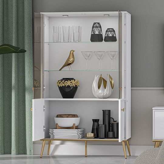 Goldie 03 Vitrína nízká 2W2D, bílá mat/bílý lesk