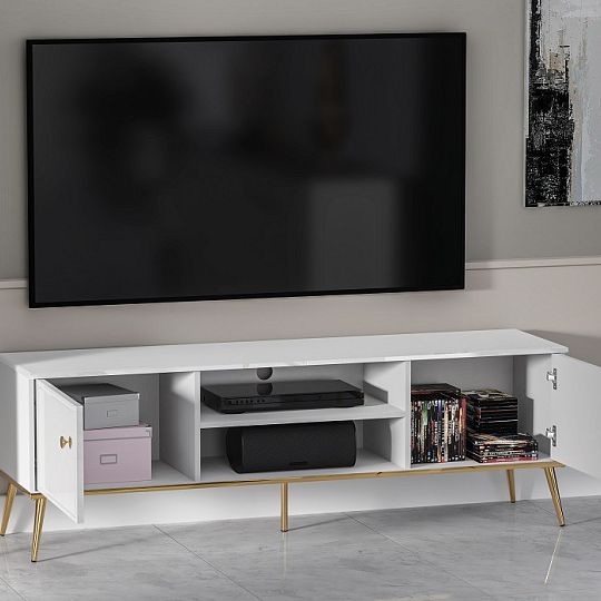 Goldie 06 Televizní stolek 2D, bílá mat/bílý lesk