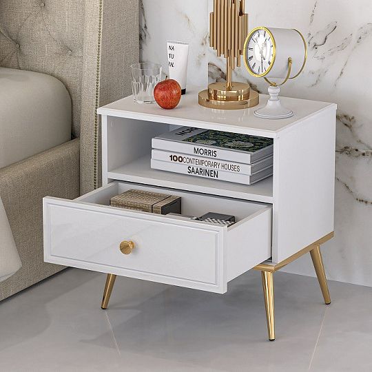 Goldie 07 Noční stolek 1S, bílá mat/bílý lesk