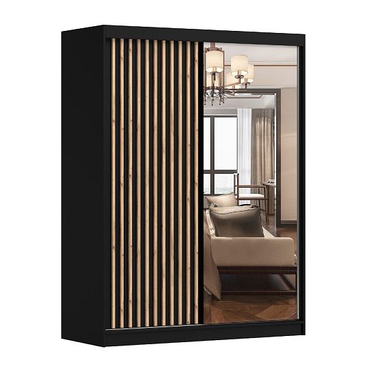 LAMESA C šatní skříň se zrcadlem 150, černá/dub/zrcadlo