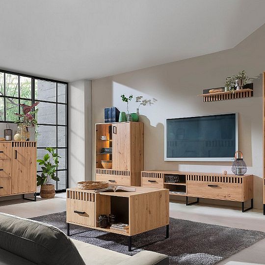 LINCOLN 7 televizní stolek, dub artisan/duba artisan lamely/černá