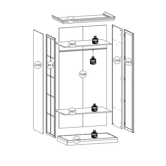LUCEMBURK S2DL šatní skříň se zrcadlem, bílá perleť