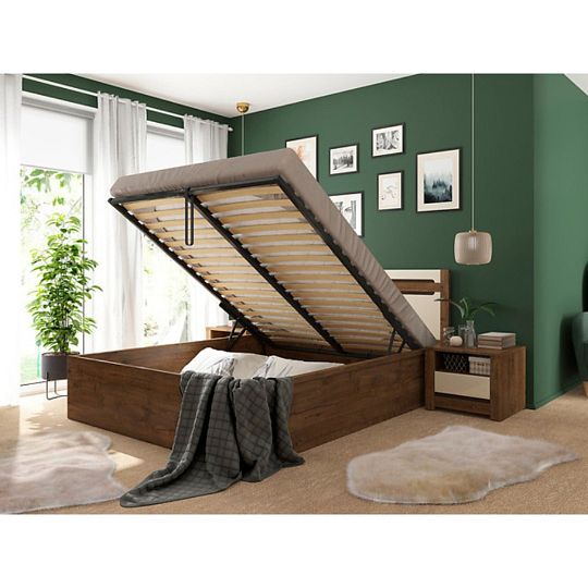 RUSO postel 160 cm + rošt a úložný prostor, dub april/perleťový lesk