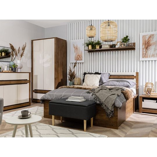 RUSO postel 160 cm + rošt a úložný prostor, dub april/perleťový lesk