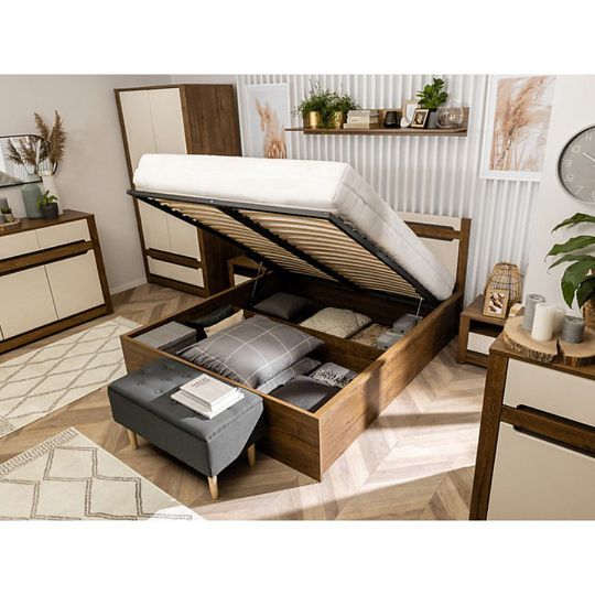 RUSO postel 160 cm + rošt a úložný prostor, dub april/perleťový lesk